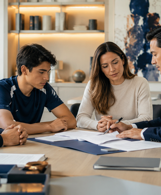 Jugador y familia revisando protección financiera y continuidad patrimonial