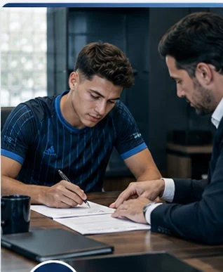 Futbolista revisando un contrato con un asesor