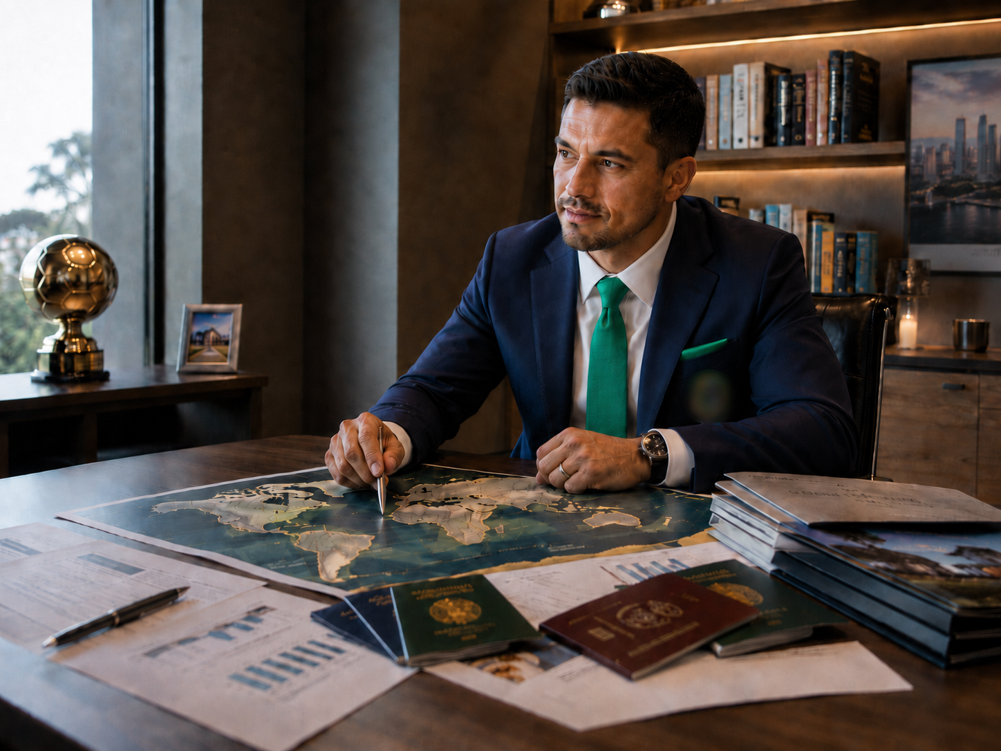 Asesor revisando mapa y patrimonio internacional