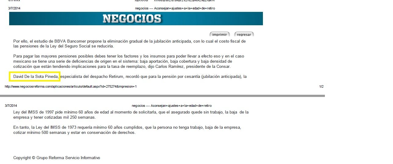 Segunda publicación de Retirum en Reforma